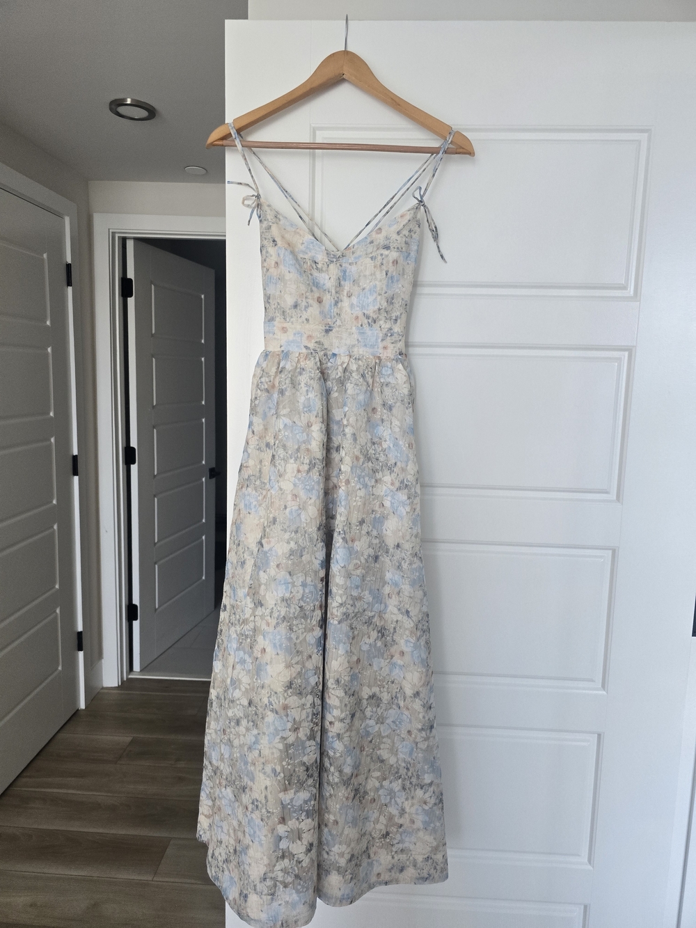 En Saison Blue and Cream Floral Maxi Dress with Spaghetti Straps